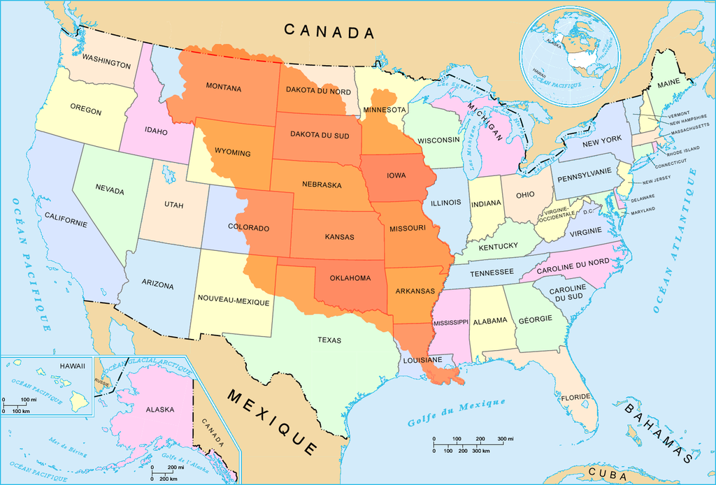 Mapa de los Estados Unidos que muestra la extensión de Luisiana, compra de Luisiana